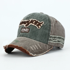 Distressed vintage washed cotton baseball cap with New York patch embroidery