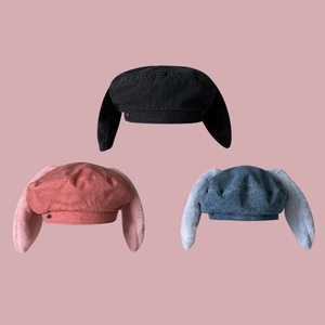 Béret mignon à oreilles de lapin en bleu denim, rose et noir pour femmes et filles