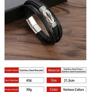 Multilayer braided black leather bracelet with silver stainless steel magnetic clasp 21.5cm