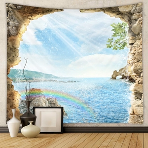 Detail eines 3D-Wandteppichs mit Blick durch eine Steinmauer auf das Meer und Regenbogen