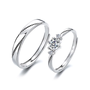 Elegant adjustable couple rings set featuring wave pattern and brilliant round cut stones