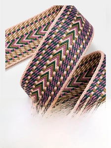 Macro detail of 5cm wide woven bag strap with pink and green herringbone pattern