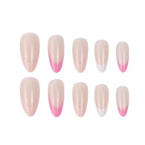 Long almond French press-on nails with nude base and pink and white tips, 10 piece set