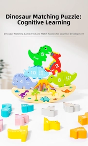 Close-up of wooden dinosaur stacking blocks with numbers and colors for balance training