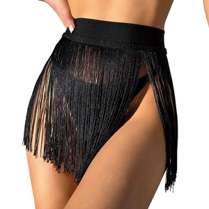 Sexy black fringe mini skirt cover-up with elastic waistband for beach and festival wear