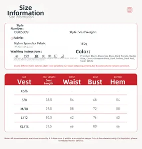 Größentabelle für Yoga Sportweste mit Stoffdetails und Maßen von S bis XL