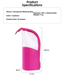 Trousse à maquillage transparente en TPU avec tissu oxford rose et dimensions détaillées