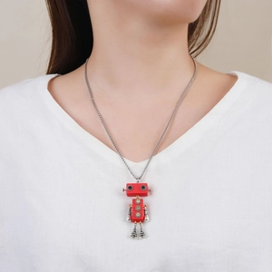 Hip hop robot necklace with movable limbs and red pendant on a silver chain