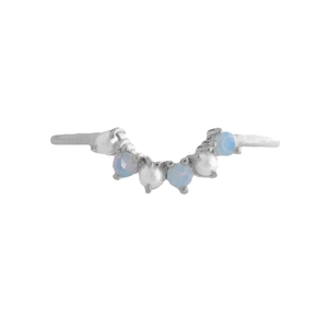 Detailed macro view of V-shaped silver ring featuring pearls and blue opal stones