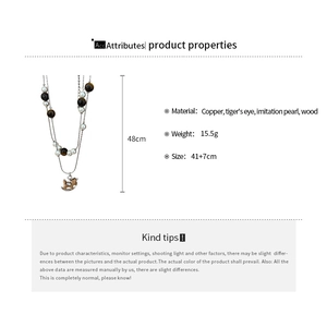 Détails du collier double couche avec oeil de tigre perles et pendentif poney en bois