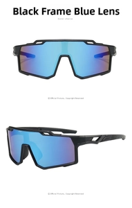 Detail of aerodynamic black sport sunglasses with blue polarized lenses for cycling