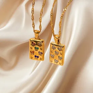 18K gold plated stainless steel necklace with square butterfly pendant and white diamond inlay