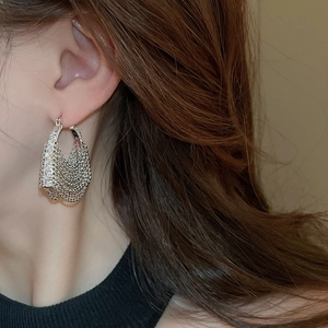 Detailed view of silver tassel earrings with zircon studs worn on a model's ear