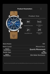 Detailed specs of men quartz watch with blue dial, silver case and brown leather strap