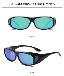 Black wrap-around sunglasses with blue-green lenses shown in front and side detail views