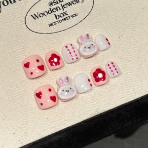 Kids Press On Nails 3D White Rabbit Handmade Cute Pink Red Heart Flower Pattern Children Artificial Fingernails Sweet