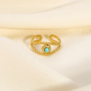 Detail of 18K gold-plated beaded double-layer ring featuring a central turquoise stone