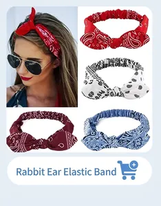 Detailed views of paisley rabbit ear headbands in red, white, burgundy and blue colors