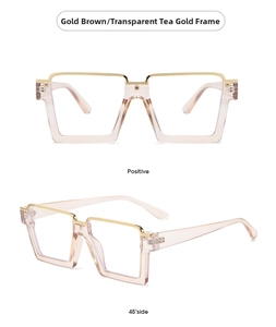 Close-up of square gold brown glasses frames in front and side views for detailed look