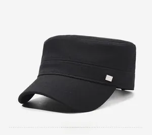 Side view of black breathable cadet cap with silver metal emblem and structured cotton fabric