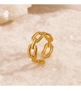 Detail view of 18K gold plated stainless steel chain link open ring on white stone