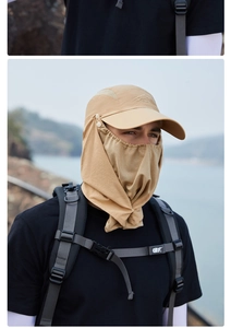 Detail of khaki outdoor sun hat with breathable mesh face mask and neck flap protection