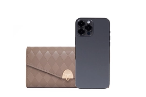 Detail of taupe PU leather wallet with quilted texture next to a smartphone for size reference
