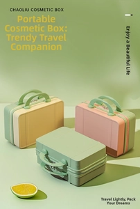 Three 14-inch mini hardshell vanity cases in pastel mint, yellow, and pink colors