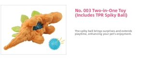 Detail view of 2-in-1 orange plush dinosaur dog toy with internal blue TPR squeaker ball