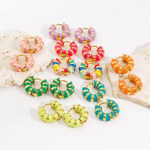 Hoop Earrings Stainless Steel Colorful Enamel Striped Gold Plated Ribbed Texture Fashion Jewelry For Women