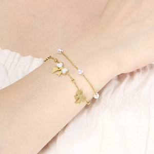 18K gold plated stainless steel layered bracelet with butterfly pendant and pearls