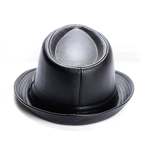 Close-up of premium black PU leather fedora hat showing refined stitching and texture