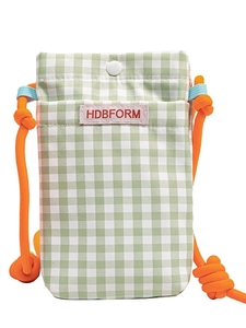 Mini green and white checkered crossbody cell phone bag with vibrant orange rope strap