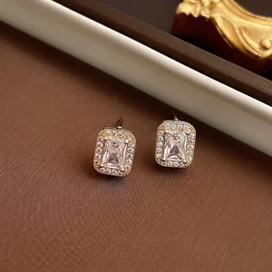 Elegant gold-plated square zircon stud earrings with sparkling halo detail for women