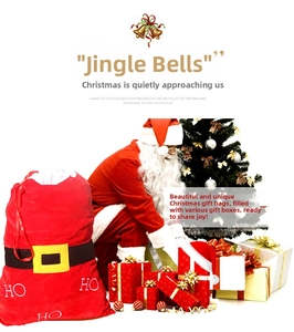Large red velvet Christmas drawstring gift bag with belt buckle and HO HO HO print