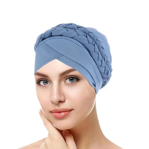 Blue twisted turban cap for women featuring elegant braided knit and soft elastic fabric
