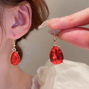 Vintage red waterdrop pendant earrings with elegant gold hooks for women