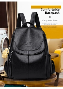 Close-up of black pebble grain faux leather backpack featuring embossed kangaroo logo detailing