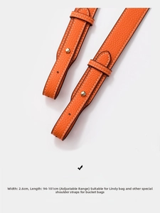 Detail eines orangefarbenen Leder-Schultergurts mit goldener Schnalle, 2.6 cm breit