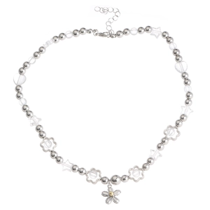 Close-up of Y2K gothic silver beaded necklace with butterfly and flower pendants