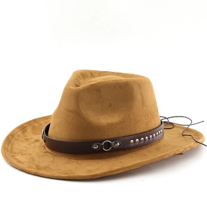 Classic camel faux suede western cowboy hat with studded leather band and upturned brim
