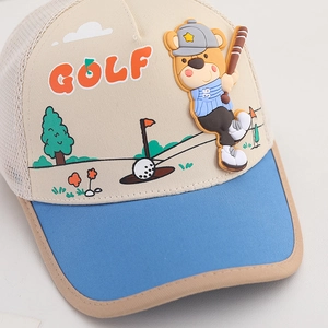Kids golf cartoon bear baseball cap with blue brim and breathable beige mesh