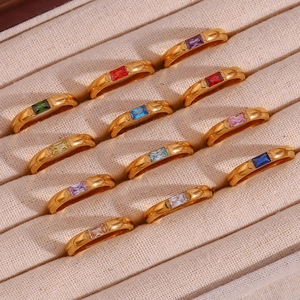 Detailed view of rectangle zircon rings in 18K gold plated stainless steel various colors