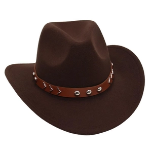 Detail of dark brown felt cowboy hat with leather band and silver metal rivets