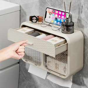 Wall-mounted waterproof toilet paper holder with storage shelf and drawer in beige