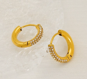 Detailed close-up of 18K gold plated stainless steel hoop earrings with crystal inlay