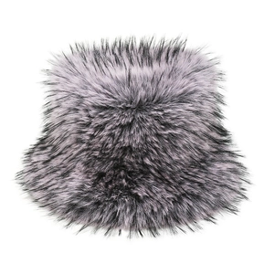 Detail of plush faux fox fur texture on the gradient purple winter bucket hat