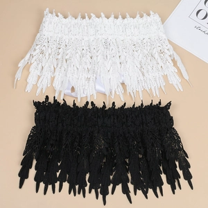 Detailed view of intricate black and white lace feathers with fine embroidery texture