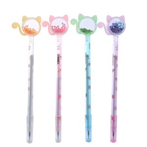 Set of 4 glitter gel pens with cat-shaped caps and cherry blossom patterns