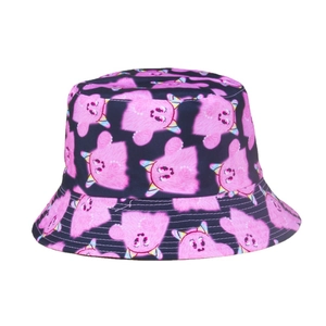 Niedlicher schwarzer Wende-Anglerhut mit rosa Monster-Print und bunten Hörnern